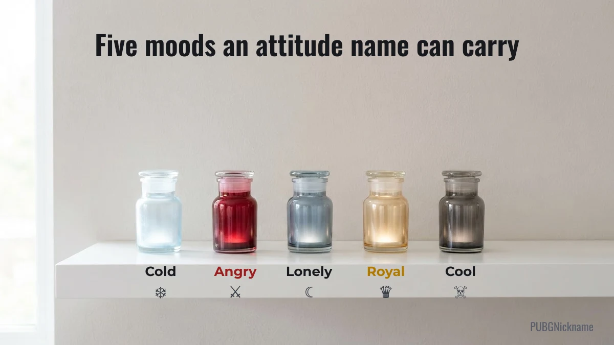Five moods an attitude nickname can carry: cold, angry, lonely, royal and cool