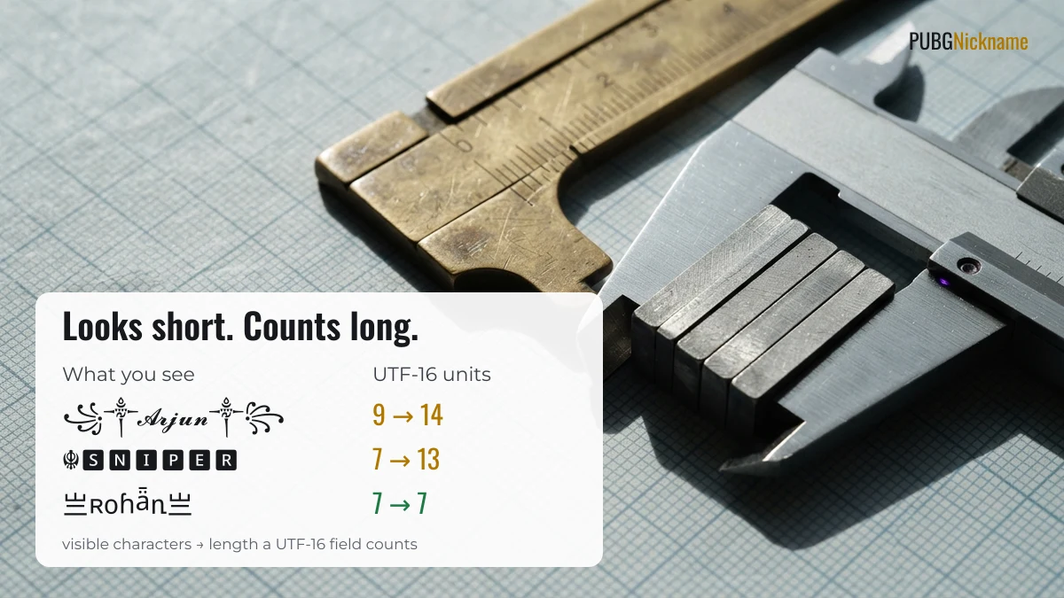 BGMI nickname styles that look short but count long in UTF-16 units
