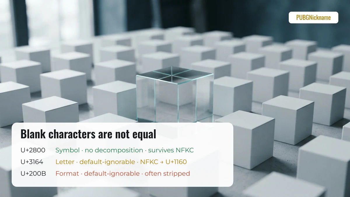 Invisible characters in a game name box: U+2800 Braille blank, U+3164 Hangul filler, U+200B zero width space