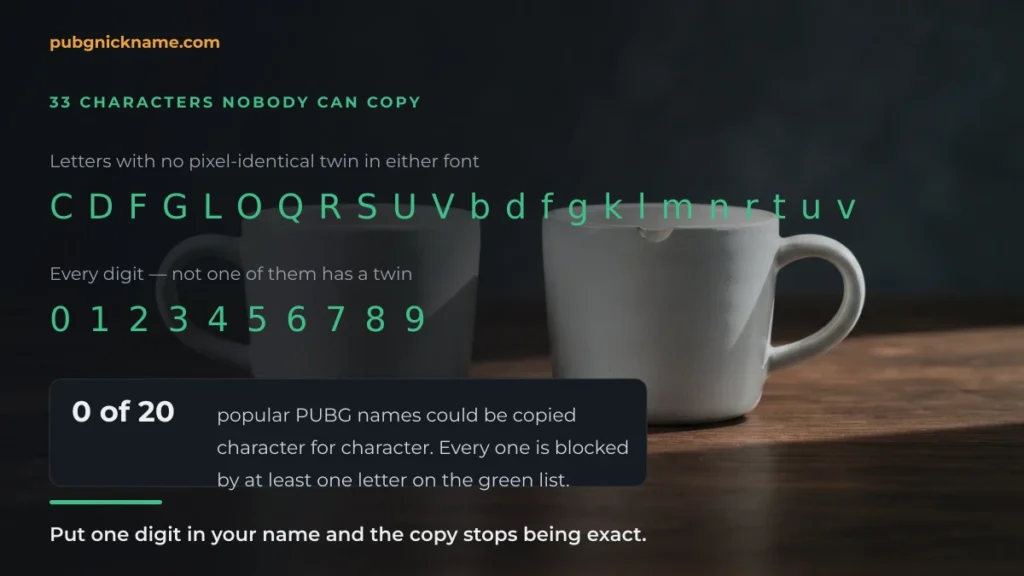 The 33 characters that have no identical twin, including every digit