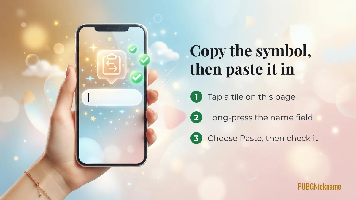How to paste BGMI nickname symbols into the name field: tap a tile, long-press, paste