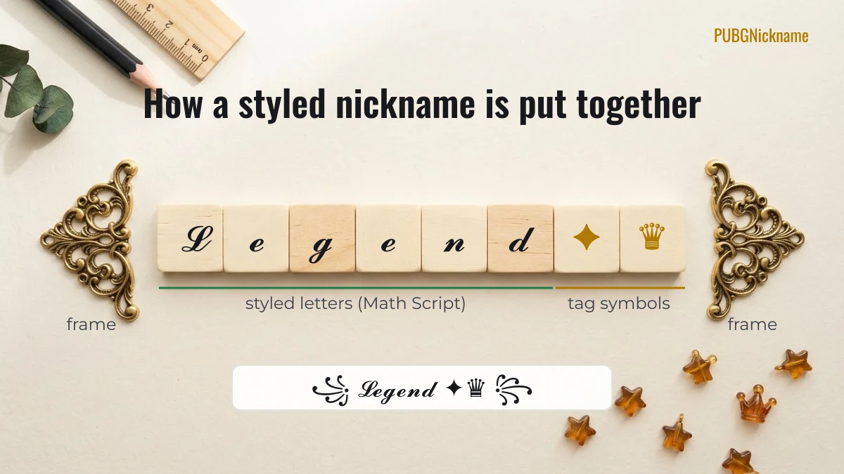 Anatomy of a styled PUBG nickname: frame, Math Script letters and tag symbols