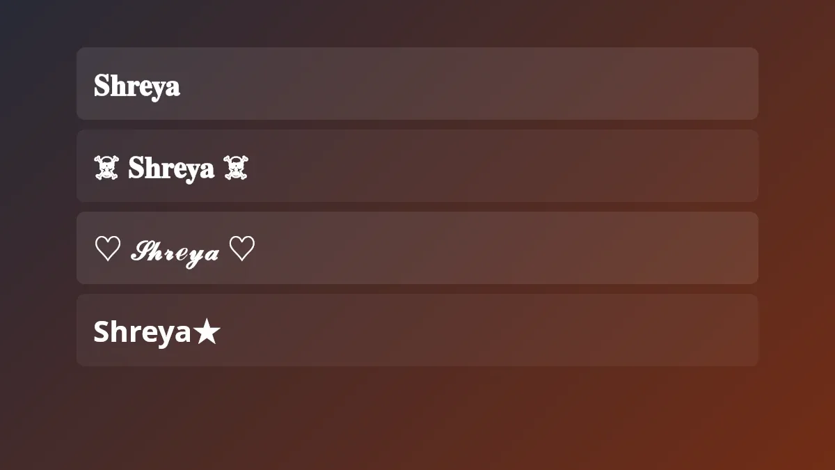 Shreya name style in Unicode letters with hard symbol frames for PUBG and BGMI