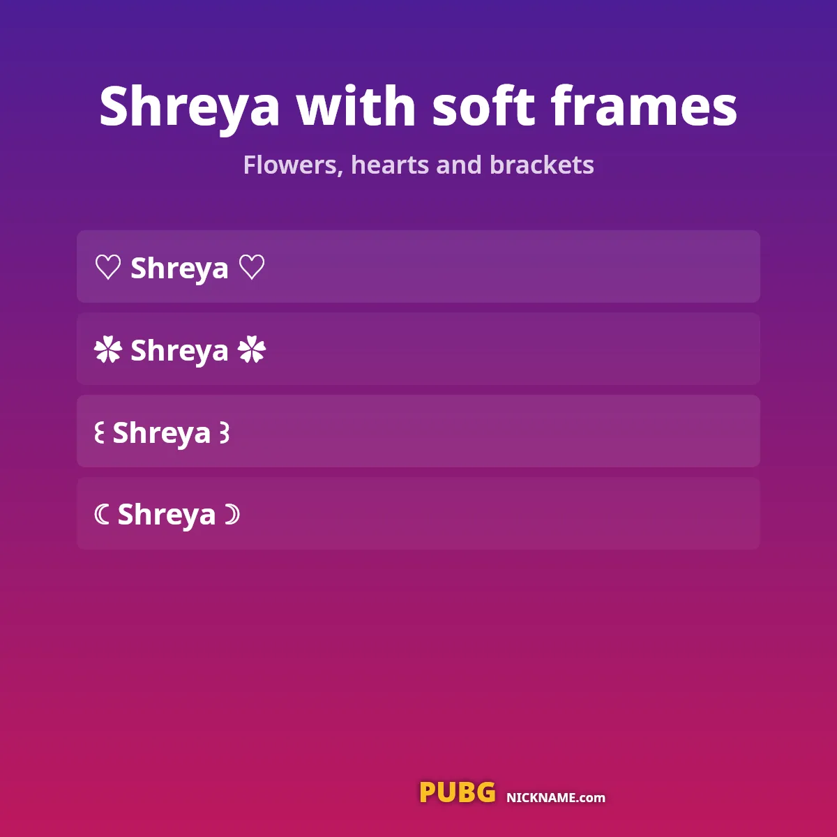 Shreya stylish name with soft symbol frames: flowers, hearts and brackets