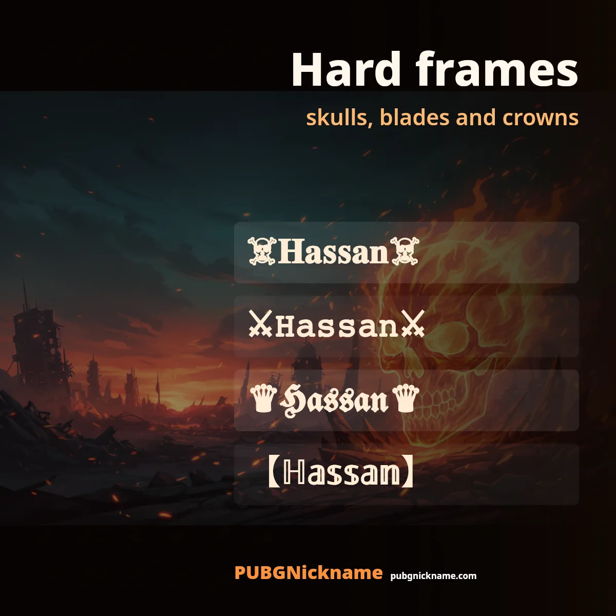 Hassan stylish name with hard symbol frames: skulls, blades and crowns